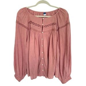 Old Navy Embroidered Lace Trimmed Dusty Pink Cotton Blend Blouse-Size Large